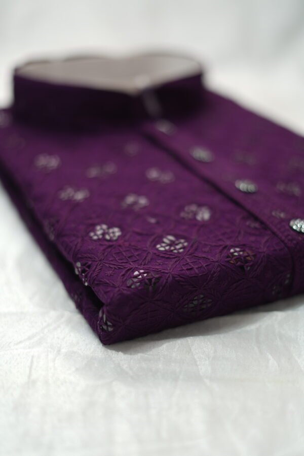 Royal Purple Chikankari Sequinned Kurta - Image 3